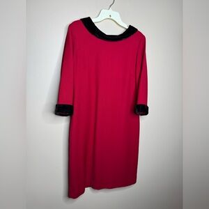Vintage Talbots Red Long Sleeve Dress with Black/brown Velvet Trim